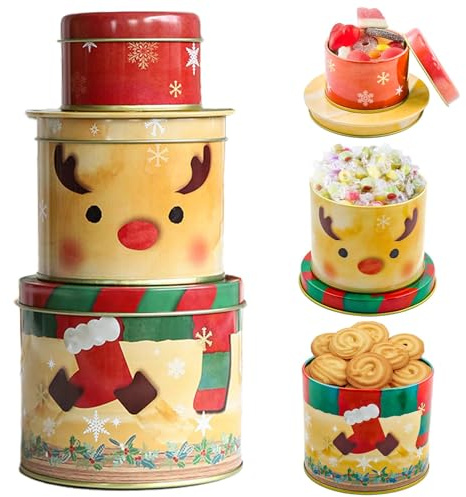 SHOWHEEL - Juego de 3 latas para galletas de Navidad, juego de latas para galletas, lata de galletas de metal, latas de tres pisos para dulces, latas de almacenamiento para dulces, chocolate, galletas