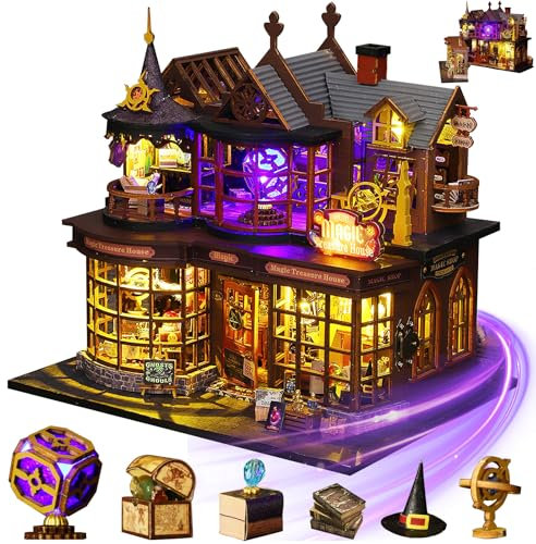 Mostop DIY Miniature Dollhouse Kit, Wooden Dollhouse Kit Miniature House Kit with LED Light,Creative Room Idea for Kids/Adults Magic House DIY Kits (Magic Treasure House)