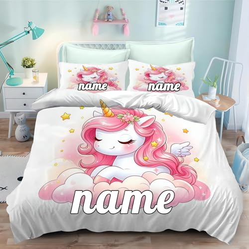 CHEFFS Personalisierte Bettwäsche mit Name Text, Einhorn Bettwäsche 135x200cm Kinderbettwäsche Einhorn Mädchen Bettbezug Set mit Reißverschluss (200 x 200 cm,1)