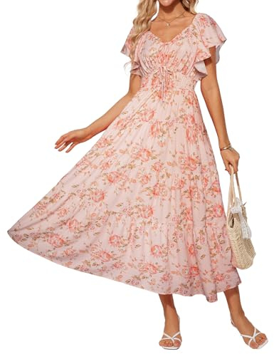 Damen Sommer Blumenkleid Rüschenärmel A-Linie Maxikleid Elegant Freizeitkleid Strandkleid Rosa Blumen L