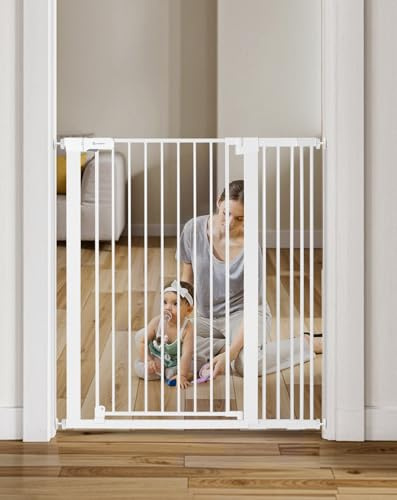COMOMY 107 cm extra hög babygrind för trappor dörröppningar, passar öppningar 75 cm till 103 cm bred, automatisk stängning robust säkerhetshundgrind för hus, tryckmonterad enkel att gå igenom