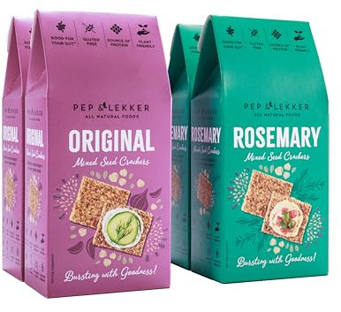 Pep & Lekker Gluten Free Crackers, Seed Crackers, Plant Based, No Added Sugar, Healthy Gut, High Fibre, All Natural, Vegan, Gluten Free Snacks, Original & Rosemary Variety Pack (4 x 110g)