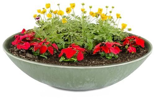Matches21 - Vaso per piante resistente alle intemperie, 45 cm, grande ciotola decorativa piatta, verde oliva marmorizzata come fioriera – Piatto XXL da giardino per fiori, bonsai o cimitero