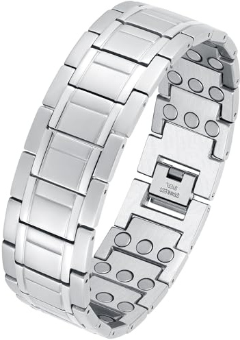 Jeracol 3X Strength - Pulsera magnética para hombre, pulseras magnéticas de acero de titanio con imanes de 3500 Gauss, longitud ajustable con herramienta de tamaño (plata)