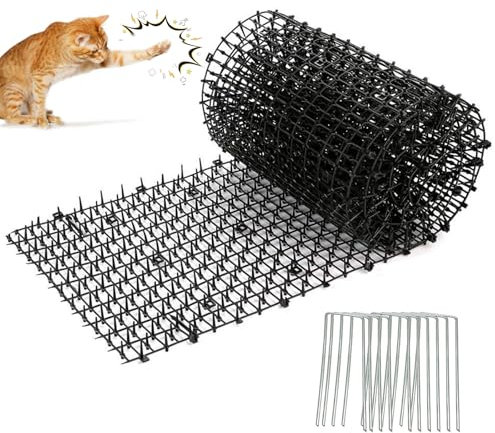 Anti Cat Spikes, 30 × 200 cm Plastic Cat Deterrent Spikes Cat Scat Mat Prickle Strips with 10 U-shaped Pegs Repellent Mat for Garden Fence Home