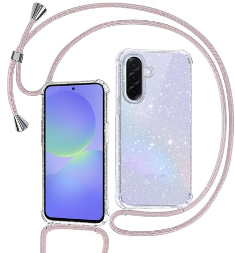 Tikgue Handykette für Samsung Galaxy A36 5G Hülle mit Band, Handyhülle mit Kordel zum Umhängen Schutzhülle mit Kette Glitzer Transparent Weich TPU Silikon Bumper - Roségold