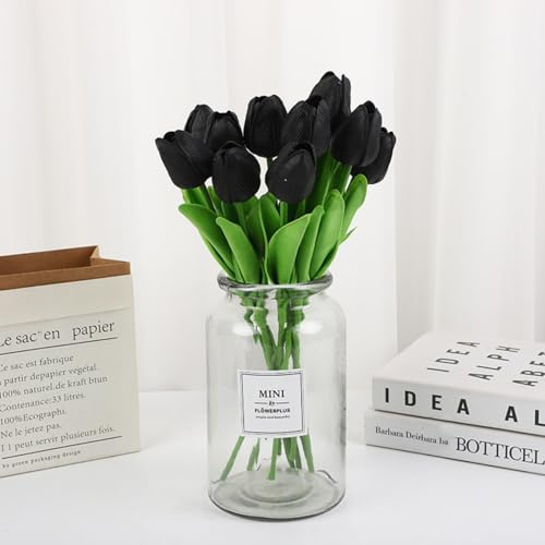 NexusGlow Künstliche Tulpen, Blumenstrauß, fühlt sich echt an, Latex, für Hochzeit, Zuhause und Büro, Dekoration, Kunstblumenarrangements zum Selbermachen, Schwarz, 20 Stück