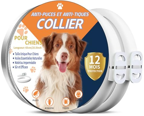 2 Pièces Collier Anti Puces pour Chien, 65cm Réglable et Imperméable, Élimine Puces, Tiques, Poux, Huiles Essentielles 100% Naturelles, Convient à Tous Les Chiens