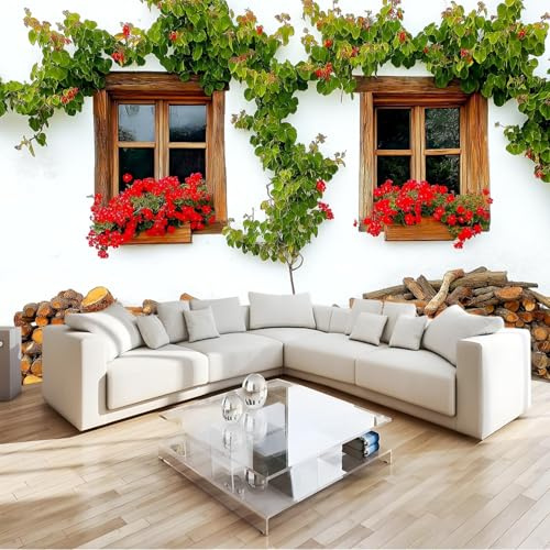 Papel Pintado Mural 200 X 140 Cm Estilo Rural Ventana Planta Flor Fotomural 3D En Papel Pintado No Tejido – Decoración De Pared Moderna Para Salón, Estudio O Habitación Infantil