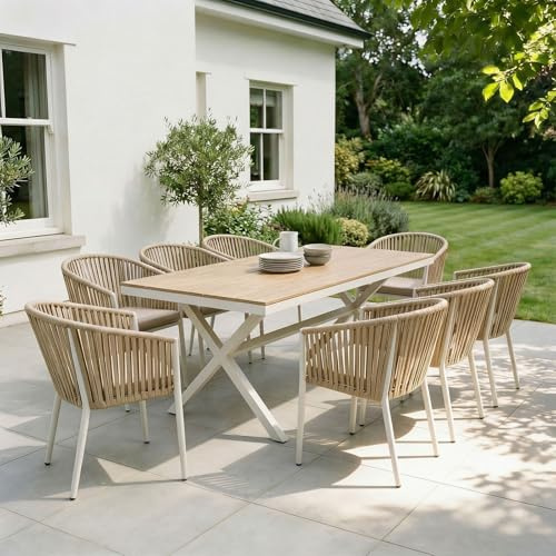 IDIMEX Gartenmöbelset ISOLA mit 8 Stühlen, Weiß/Beige – wetterfeste Essgruppe, Gartentisch 180 x 100 cm mit WPC Tischplatte und stapelbare Gartenstühle inkl. Kissen für Terrasse & Balkon