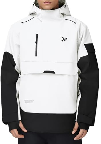 HOTIAN Veste de ski chaude pour homme - Imperméable - Respirante - Coupe-vent - Avec capuche amovible, Blanc., L