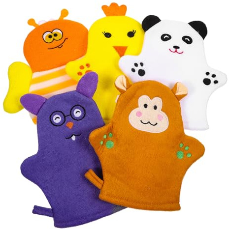 DECORNIJIA 5 Stück-pack Wiederverwendbare Baumwolle Badehandschuhe mit Starkem Scheuerkraft Niedliche Früchteform für Kinder und Babys Beim Baden Zufälliger Stil