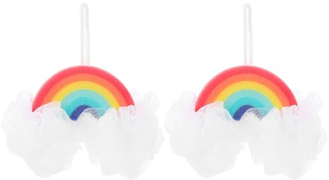 SEWACC 2 Stück Regenbogen Badepeeling Schwämme mit Aufhängeschlaufe aus Weichem Schwamm und Pe für Bad und Dusche Hautreinigung für Erwachsene und Kinder