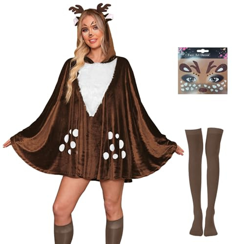 For G and PL 3 Pcs Damen Karneval Hirschkostüm reh Poncho Strumpfhose und Gesichtstätowierung