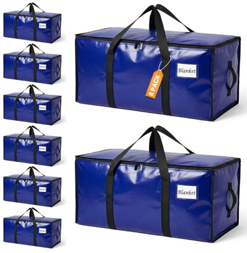 RICHER HOUSE 90 L kraftiga flyttlådor och förvaringsväskor för kläder, 8-pack stora flyttväskor med lock och ryggsäcksremmar, vattentäta packväskor för studentrum, camping, högtidsdekor, blå