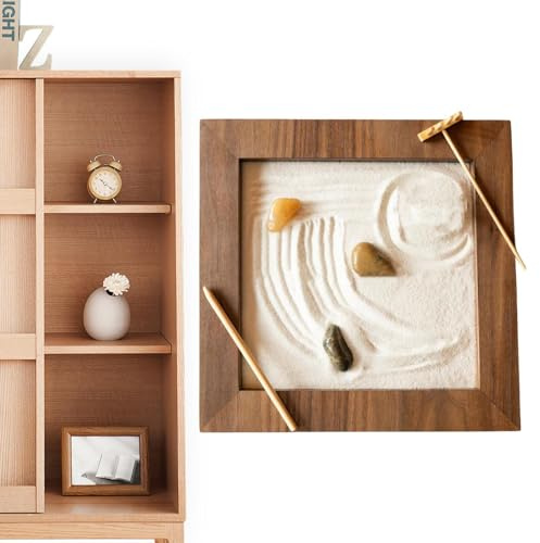 Zen Garden Kit – Wooden Desk Zen Garden, Sandboard, Retro Meditation Accessories, Mini Rake and Stones, Relaxing Mindfulness Set | Office for Le Religemen