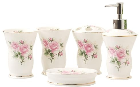 Bathroom Sets Juego de Accesorios baño 5 Piezas: dispensador jabón, Porta cepillos Dientes, Vaso, Plato. Decoración Coastal Decor(Pink)