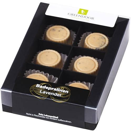 GREENDOOR natürliche Badepralinen Lavendel, 6er Geschenk-Karton für 6 Cremebäder, mit BIO Kakaobutter handgefertigte Naturkosmetik, Natur Badezusatz, Geschenke Geburtstagsgeschenk