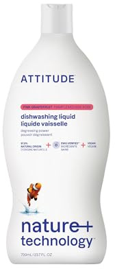 ATTITUDE Washing Up Liquid, EWG Verified, Plant-Based & Vegan Dish Soap, Naturally Derived, Pink Grapefruit Scent, 700 mL