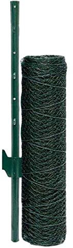 valla de Tela Metálica hexagonal + Postes | Rollo 15m | Altura tela metálica 0,5m | Malla 25x25mm | Incl 12 Postes altos 80cm | malla metálica con revestimiento de PVC verde para animales y plantas