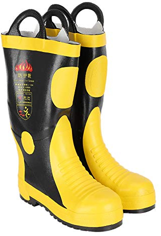 Qkiss Rubber Fire Fighting Sicherheitsstiefel Hochtemperaturbeständige wasserdichte Schuhe Feuerwehrschutz, Erhältlich in den Größen Schwarz mit gelbem Streifen.(42)