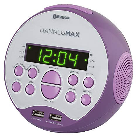 HANNLOMAX HX-129CR Alarm Clock Radio, Bluetooth, USB Charger/MP3 (Purple)