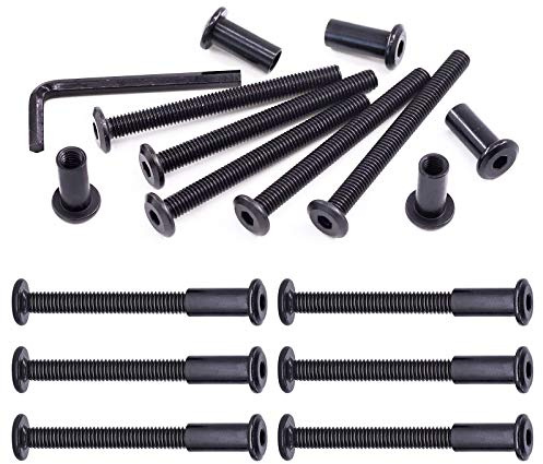 Swpeet Kit d'assortiment de 25 vis à tête hexagonale en acier au carbone noir M6x65mm avec écrous de baril, avec 1 clé Allen, vis pour postes de vissage, convient pour meubles, boulons à tête plate