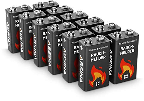 Rauchmelder Batterie 9V Block - 12er Pack Alkaline 9V Block Batterien langlebig & auslaufsicher - Blockbatterien für Feuermelder, Bewegungsmelder, Kohlenmonoxid, Warnmelder & Rauchwarnmelder ABSINA