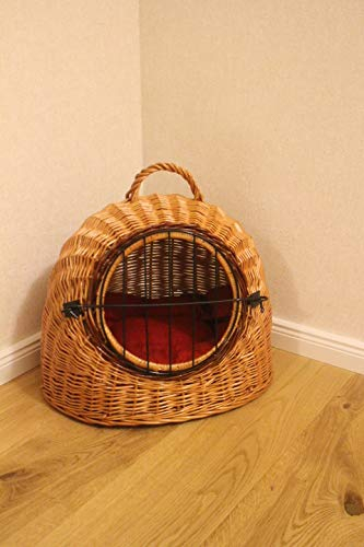 Katzentransportkorb Katzenschlafplatz aus Weide mit Metallgitter und Kissen Transportkorb Transportbox für Hunde oder Katzen