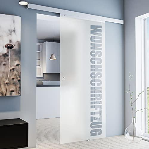 inova Glasschiebetür 880x2035mm mit individuellem Schriftzug Zimmertür Innentür Komplettset mit Aluminium Laufschiene & Griffmuschel