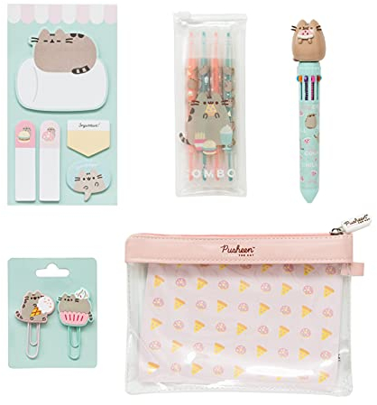 Grupo Erik Schreibwaren Set Pusheen Foodie - Kugelschreiber 10 farben - Federmäppchen Groß - Büroklammern - 4 Textmarker Pastell - Notizzettel Klebend KPGE001