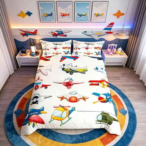 Funda de edredón para aviones para niños, diseño de avión de dibujos animados, funda nórdica para niños y niñas, ropa de cama de viaje, tamaño único