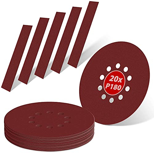 KSP-Tec® Lot de 20 disques abrasifs de 225 mm de diamètre - Grain P40, 60, 80, 120, 180 - 10 trous - Papier abrasif pour cloison sèche - Ponceuse à col long - Girafe de ponçage (P40)