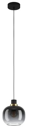 EGLO Hängelampe Oilella, 1-flammige Pendelleuchte Rauchglas über Esstisch | Deckenlampe hängend aus Metall mit Glas-Kugel in Schwarz-Grau mit Messing, Kugellampe mit E27 Fassung, Ø 19 cm