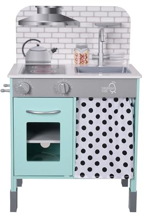 Teamson Kids Wooden Play Kitchen Pretend Play Kitchen with Interactive Role Play Oven, Sink and Curtain, Adjustable Leg Height, Little Chef Philly