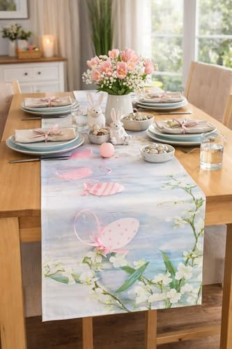 KAMACA Tischläufer Osterfreude – 40x150 cm Läufer für Frühling & Ostern – Zartes Ostereier-Motiv in Pastell – Hochwertige Tischwäsche waschbar für Küche & Wohnzimmer
