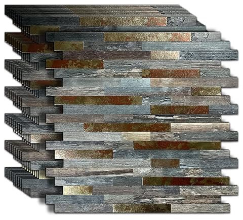 YMMXGE 10-Sheet Peel and Stick Backsplash PVC Metal Tile，Self-Adhesive Wood Grain Wall Sticker Easy DIY Stick on Kitchen Bathroom Walls (10, Metal Pattern + Green Wood Grain)