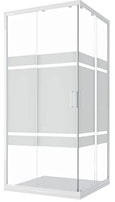 Box Doccia Angolare 70x90cm mod. Ibiza con Apertura Scorrevole Vetro Temperato Serigrafato 4mm Altezza 185cm Profili in Alluminio Bianco Maniglia ABS Bianco