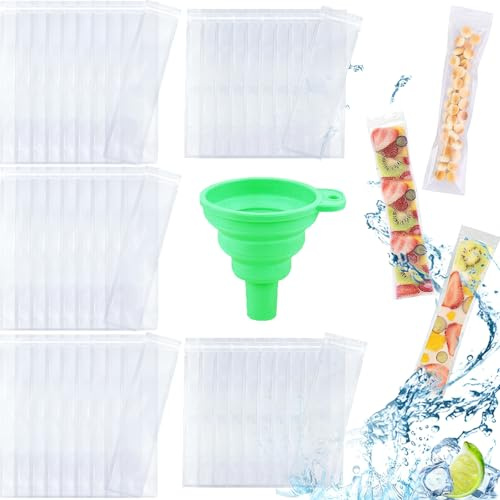 120 Stück Eisformen für Eis am Stiel, Einweg-Eisbeutel aus Kunststoff, für Süßigkeiten, Saft, Joghurt, Obst, Beutel mit Reißverschluss und Silikontrichter für hausgemachtes Eis am Stiel