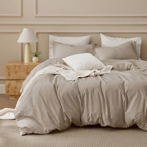 Bedsure 100% Washed Cotton Duvet Cover Queen Size - Frosted Almond Minimalist Bedding Set Linen Like - PureWoven Plain Simple & Soft Comforter Cover for All Seasons, Frosted Almond, Queen, 90x90