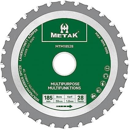 METAK HM - Lame pour scie circulaire multifonction, 185 x 30 mm, pour bois, métal, aluminium, lame polyvalente 185 mm, 28 dents pour acier, bague de réduction de 30 mm incluse