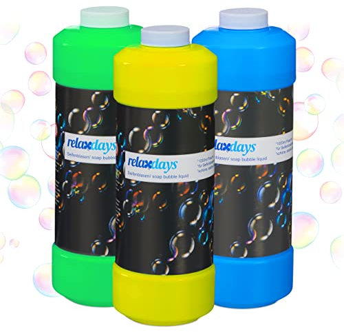 Relaxdays Seifenblasen Nachfüllflasche, 3er Set, je 1 Liter Seifenblasenflüssigkeit, für Seifenblasenmaschine, bunt