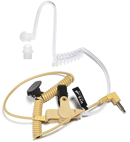 HYS Hörlurar ljudslang 3,5 mm transparent inkl. hållare hör bara till in-ear-hörlurarna säkerhetsslur för radio (beige, hörlurar + 1 längre svamphuvud)