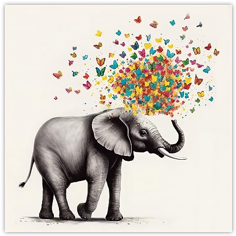 LZIMU Lustiges Tier bild auf Leinwand Elefant mit buntem Schmetterling Leinwandbild für moderne Kinderzimmer Kinderzimmer Wanddekoration (Kein Rahmen, 30.00x30.00cms)