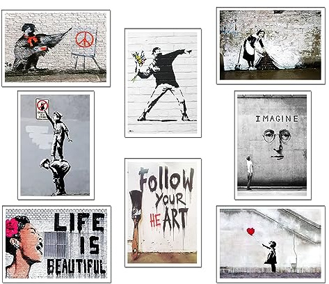 Set 8 cuadros base madera, Decoración Salón Modernos, Dormitorios, Habitación, Banksy con colgadores metálicos, (38 x 29 cm cada cuadro)