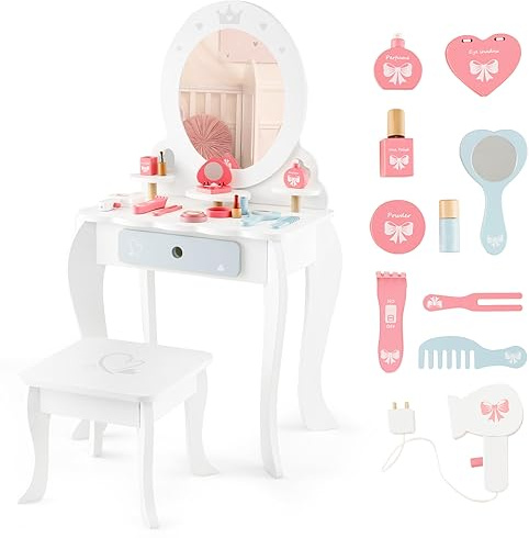 DREAMADE 2 in 1 Kinder Schminktisch mit 10 TLG. Spielzubehör und Hocker, Prinzessin Frisiertisch mit Schublade & 3 Ablagen, Kinderschminktisch aus Holz für Mädchen ab 3 Jahren, weiß