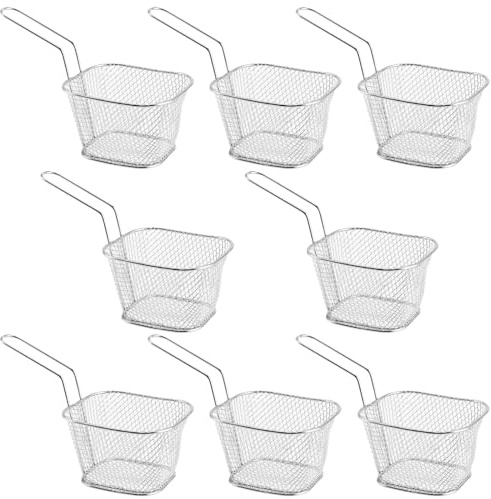 SEUNMUK 8 PCS Chip Serving Frying Baskets, Mini Chip Baskets with Handle, Mini Square Fry Baskets for Onion Rings, Fries, Chicken Wings, Silver