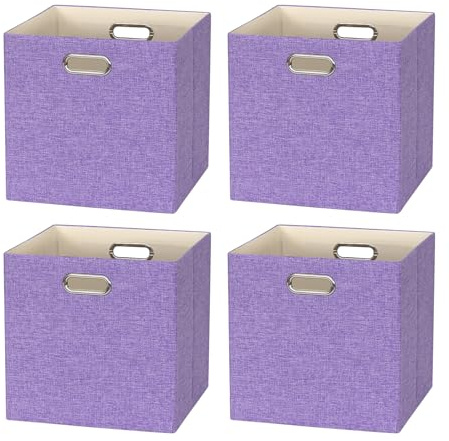 BinWhiz Zusammenklappbarer Aufbewahrungswürfel, 4er Set, Aufbewahrung Korb Stoff, 33 x 33 x 33 cm, Quadratische Aufbewahrungsbox, 2 Griffe, für Schlafzimmer, Wohnzimmer (Lila)