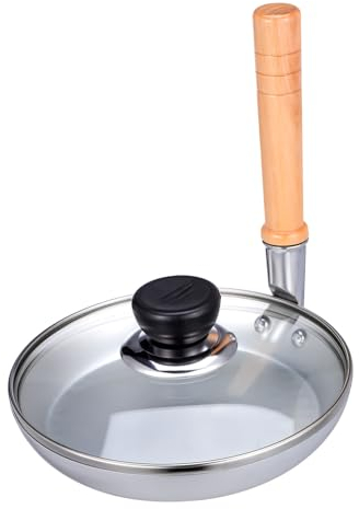 Warmhm Japanese Oyakodon Pan Vertical Wooden Handle 17cm Gas Stove Frying Pan Glass Lid Traditional Tamagoyaki Cooking for Home Kitchen