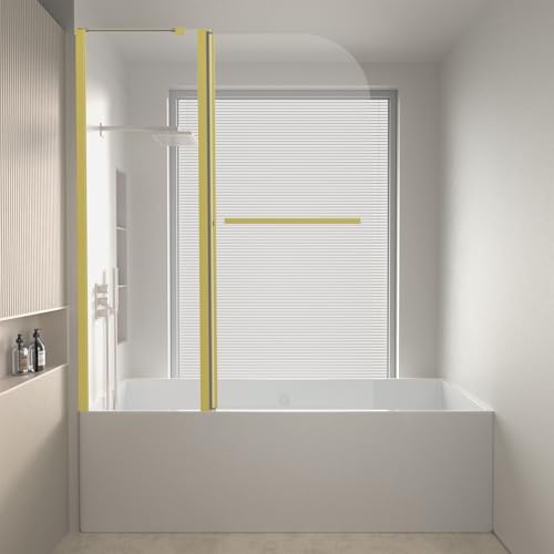 Frameless Shower Door for Bathtub 43 W x 58 H, Clear Tempered Glass Screen with Towel Bar, Hinged 180 Degree Pivot, Brushed Gold Finish – Bathroom Door